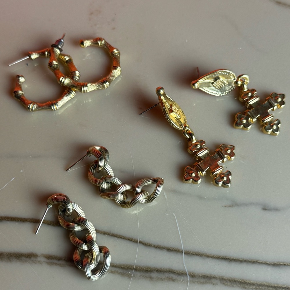 Bundle estate sale jewelry gold crosses, chain link, bamboo hoops, vintage